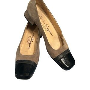 Salvatore Ferragamo Suede Loafers Black Leather Cap Toe Block Heel Size 39